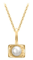 14K Yellow Gold Rectangular Pendant with White Pearl on Cable Chain